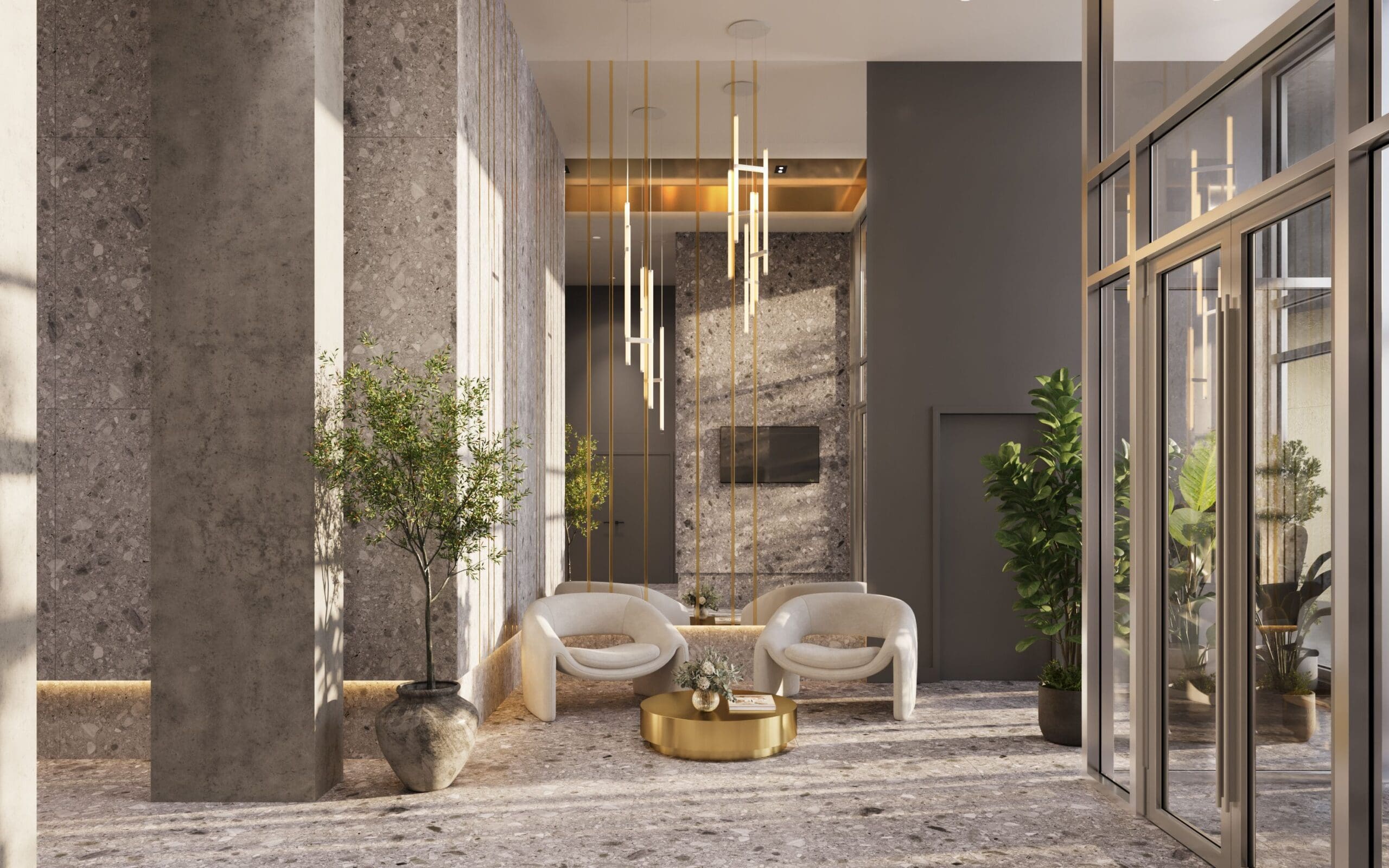 Condos locatifs avec lobby, projet résidentiel Elora, condos locatifs haut de gamme Laval