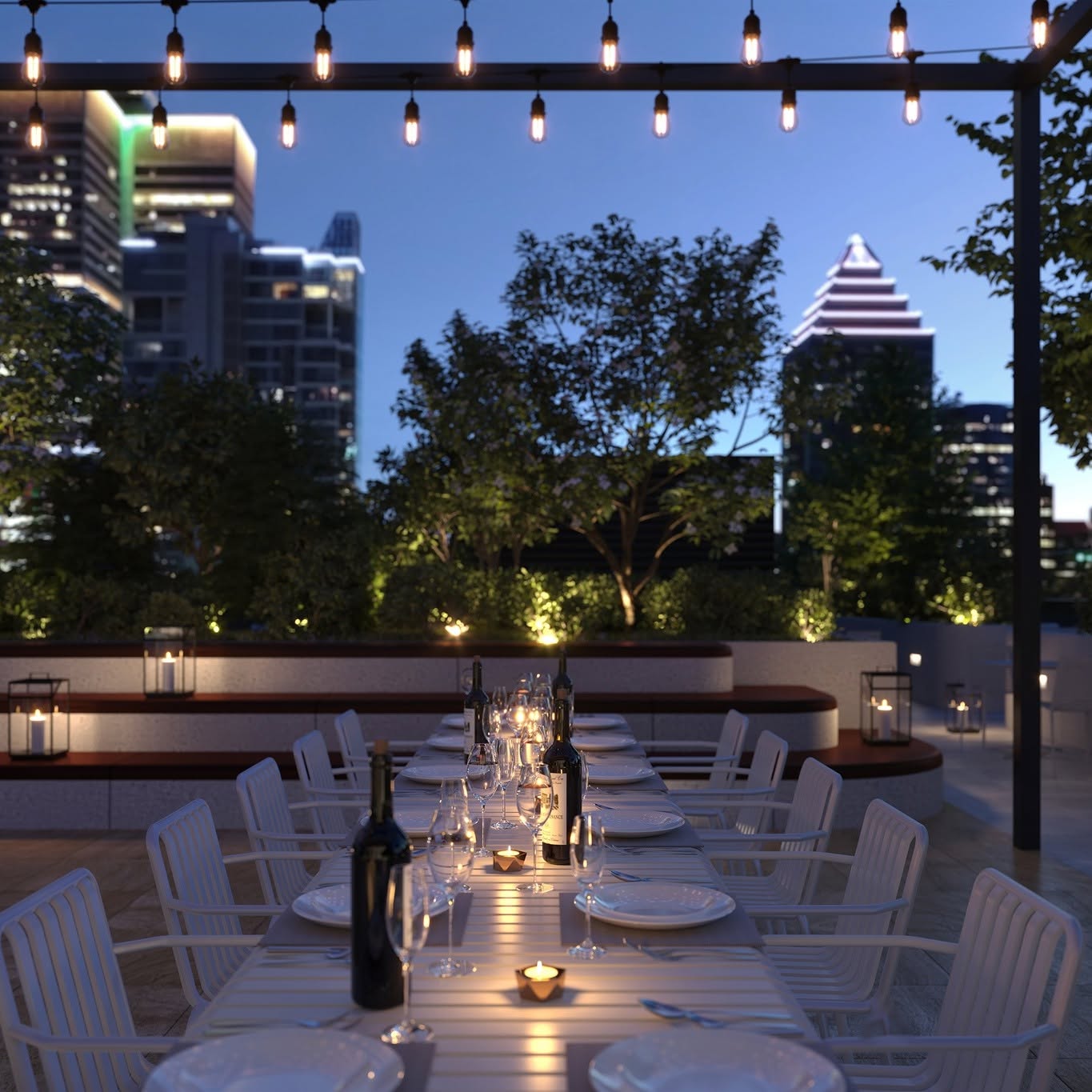 Terrasse sur le toit du projet Square Phillips à Montréal offrant une vue panoramique sur le centre-ville et un espace de détente extérieur pour les résidents.