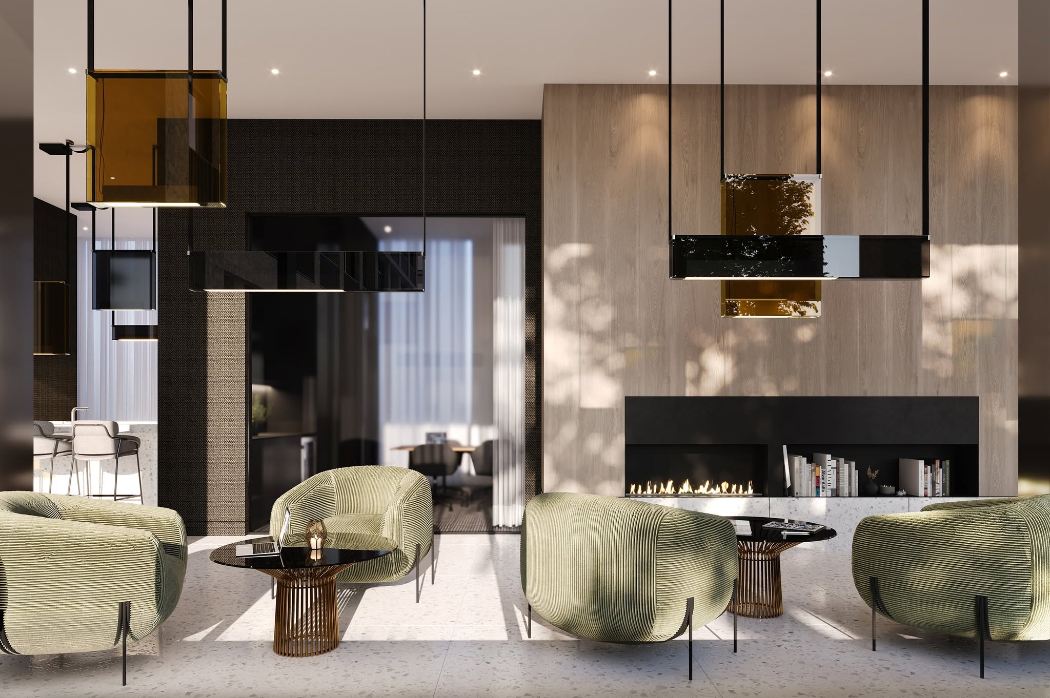 Lounges et espaces communs élégants du projet Square Phillips au centre-ville de Montréal, conçus pour recevoir des invités, organiser des événements et profiter de moments en famille.
