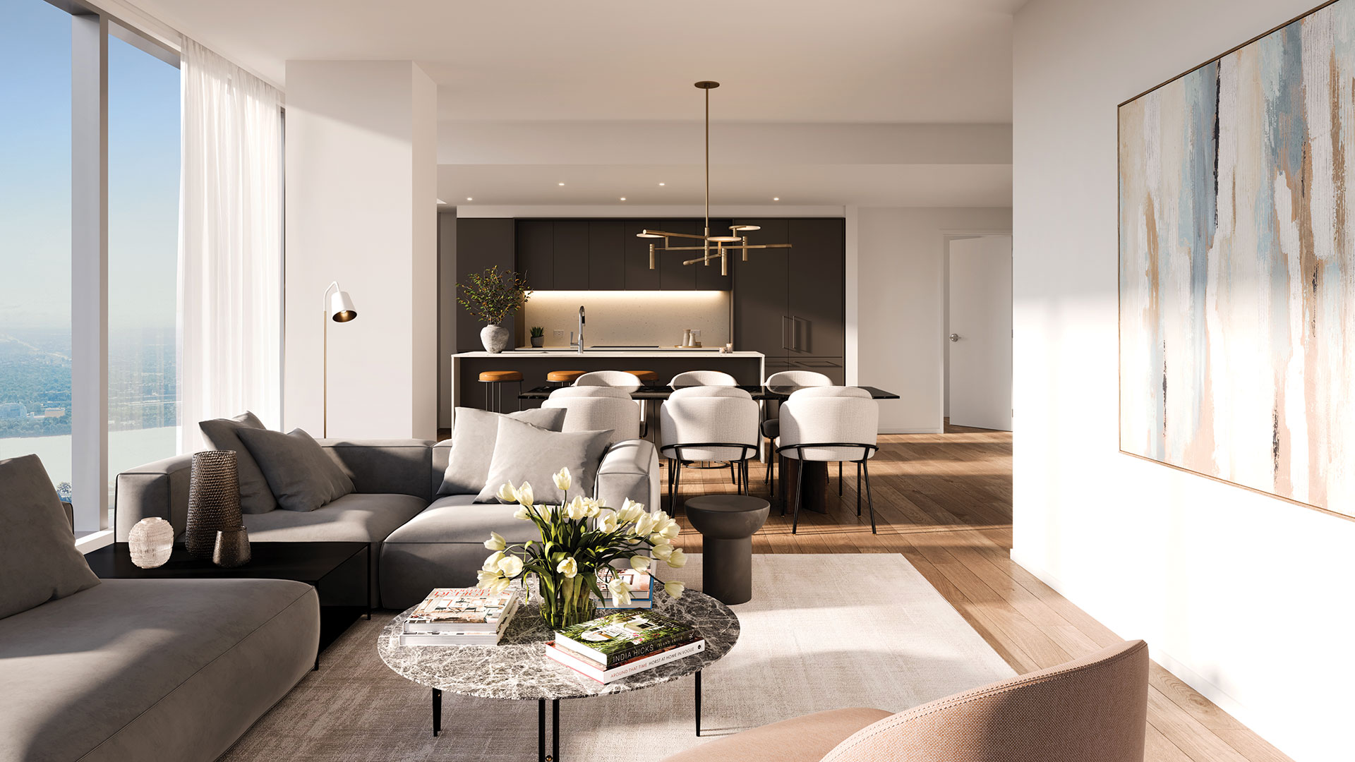 Salon spacieux d'une unité du projet Square Phillips avec finition moderne et grandes fenêtres.