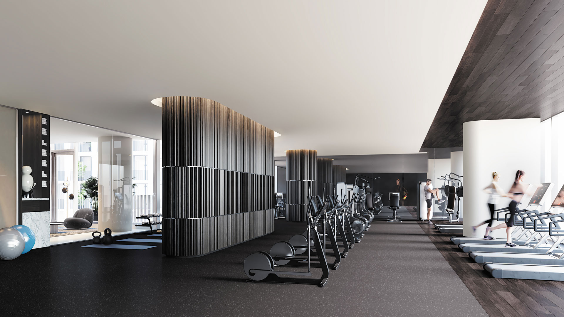 Gym moderne du Square Phillips, un espace de bien-être entièrement aménagé pour les résidents au cœur du centre-ville de Montréal.