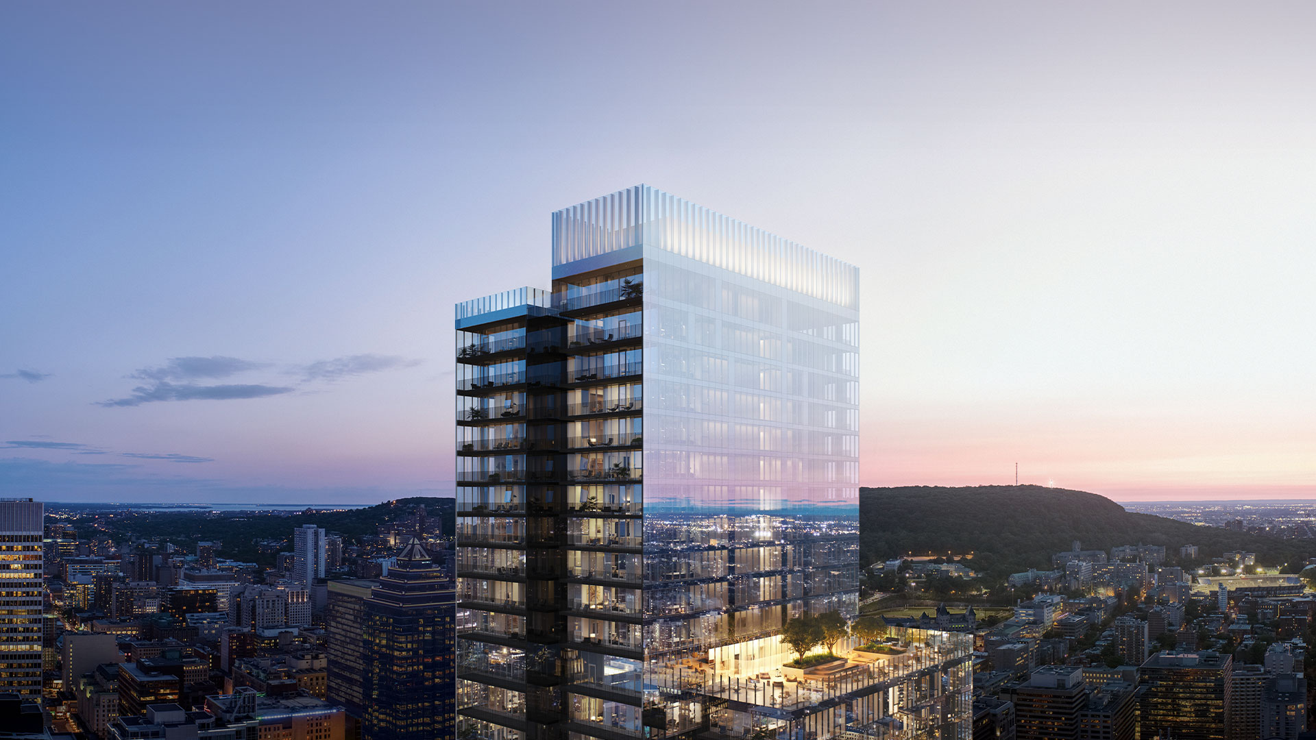 Vue extérieure du projet Square Phillips, immeuble de condos locatifs et en vente modernes situé au centre-ville de Montréal.
