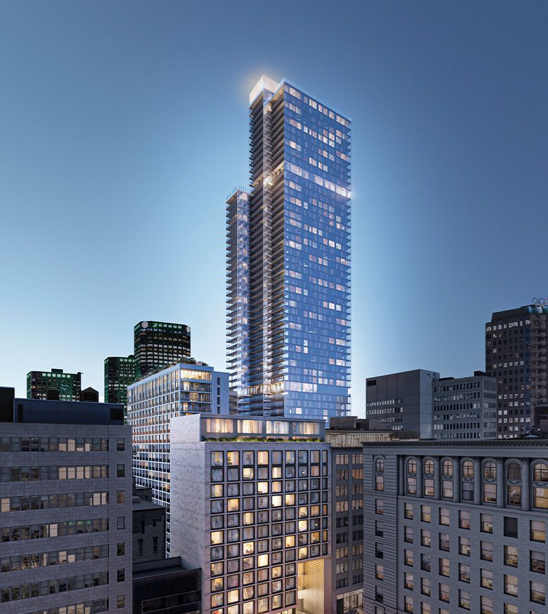 Square Phillips, a modern residential tower offering rental and for-sale condos in downtown Montreal, overlooking the square and vibrant urban surroundings.