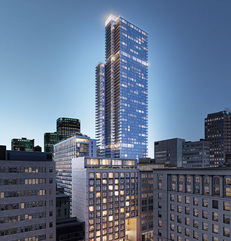 Projet Square Phillips, une tour de condos en location et à vendre au centre-ville de Montréal avec une vue sur le square et son environnement urbain.