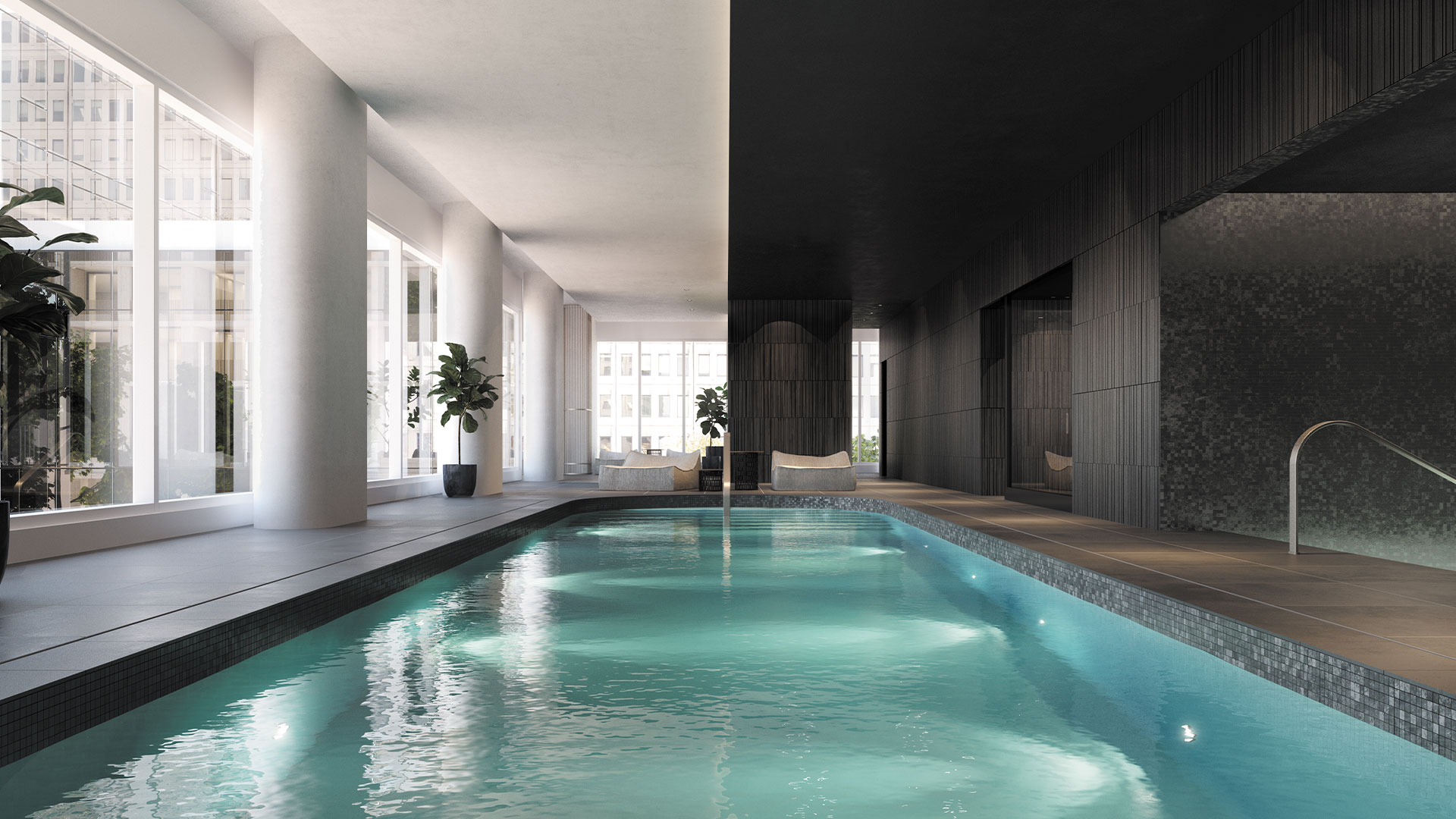 Piscine intérieure accessible aux résidents du projet Square Phillips, un espace de détente moderne.